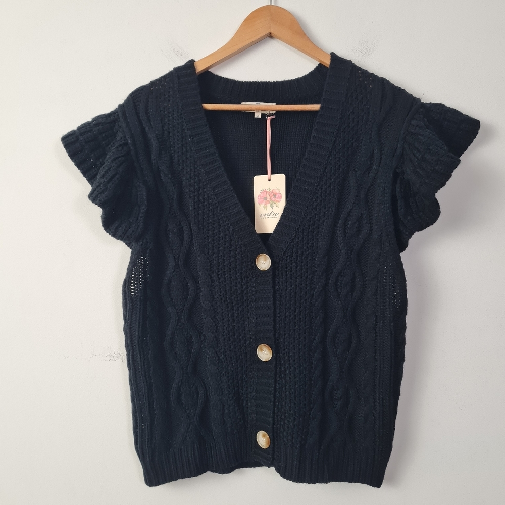 Entro Black Cable Car Knit Ruffle Sleeves Sweater Cardigan Women's M NWT